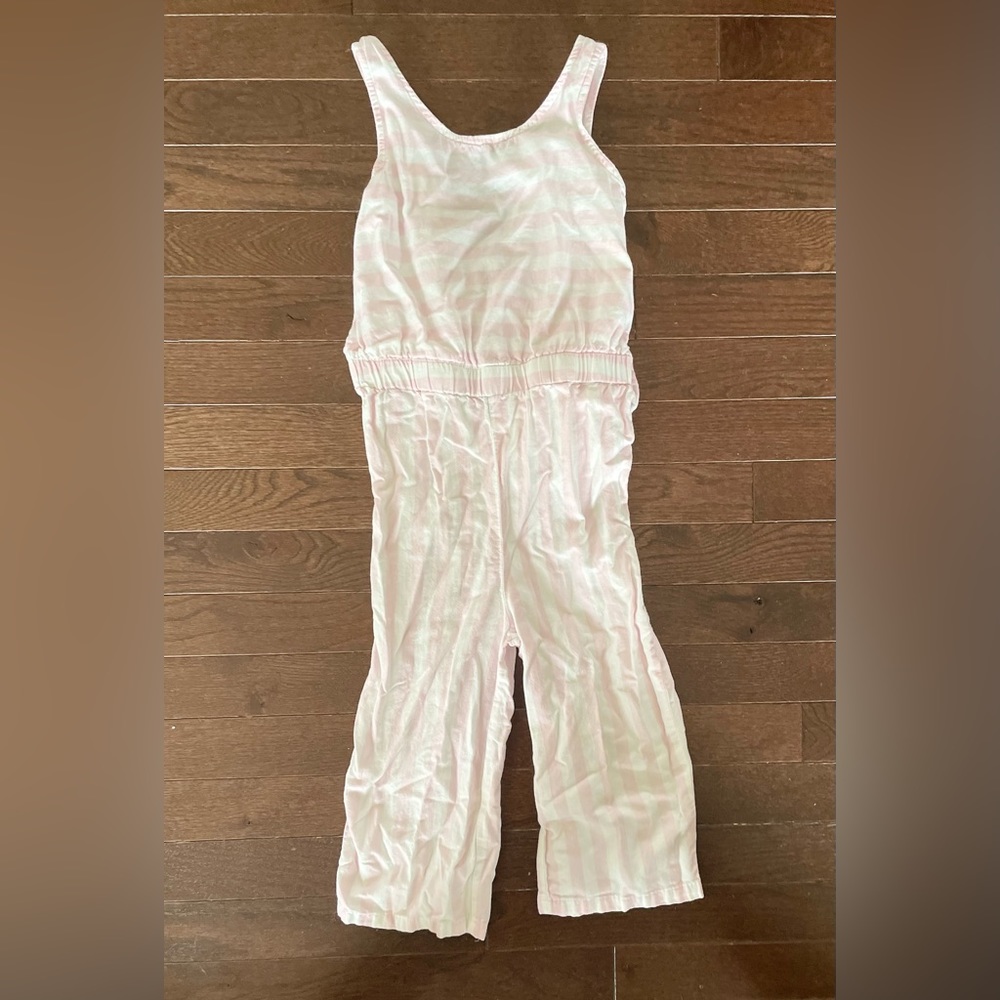 Carter’s Girls Pink White Striped Sleeveless Jumpsuit Size 6/6X Bow Romper